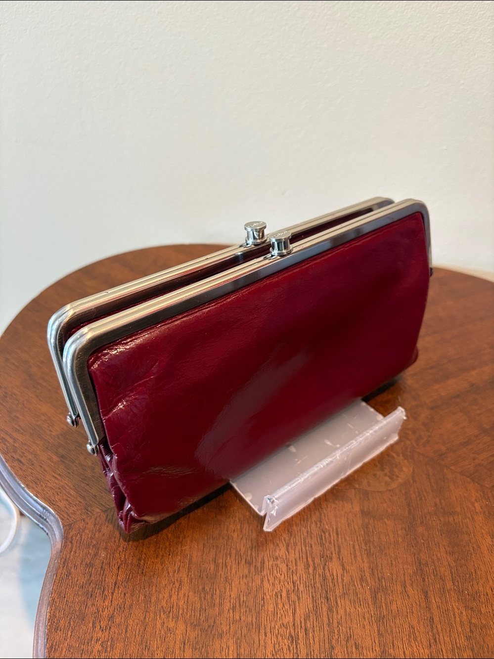Hobo clutch wallet Scarlet red /burgundy smooth leather 2 kiss lock pockets